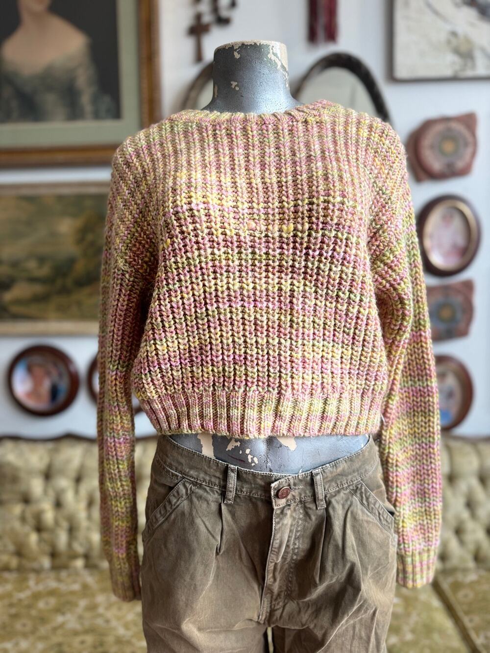 Anthro Pink, Yellow and Green Knit Sweater Ladies Size Small